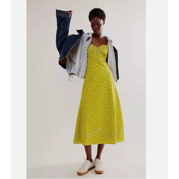 Free People Dresses & Skirts - Free People Sweet Hearts Midi Dress  Citronelle Combo Cottagecore Size L